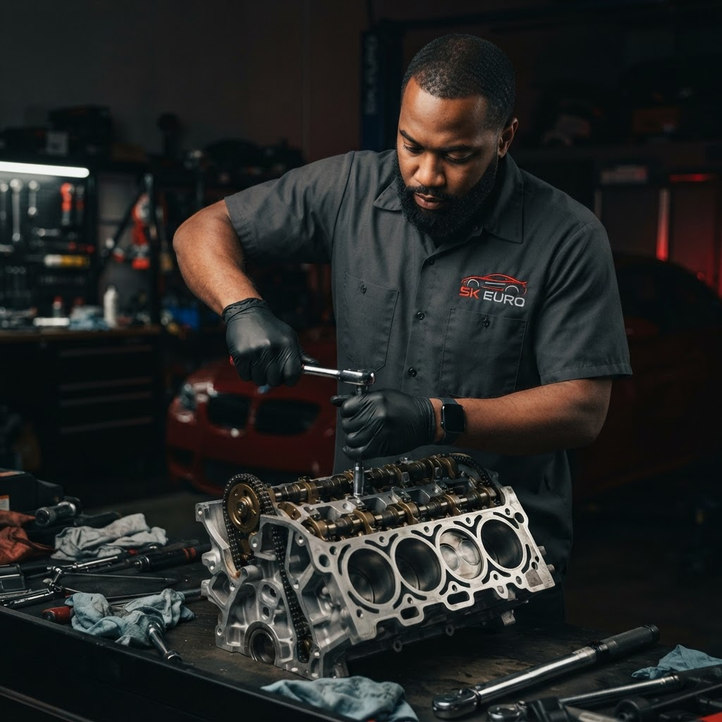 SK Euro Performance technician rebuilding a European car engine